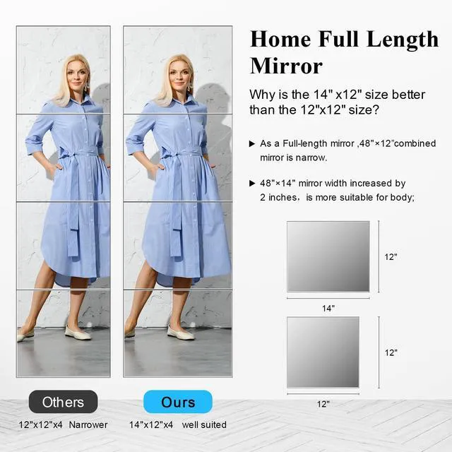 Alt view image 3 of 7 - Mirror Full Length, 14x12 Inchx4PCS Wall Mirror Tiles,Full Body Mirror,Acrylic Shatterproof Mirrors for Bedroom,Door,Home Gym,Kids