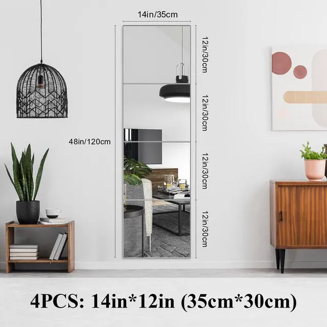 Alt view image 2 of 7 - Mirror Full Length, 14x12 Inchx4PCS Wall Mirror Tiles,Full Body Mirror,Acrylic Shatterproof Mirrors for Bedroom,Door,Home Gym,Kids