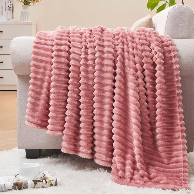 Main image of 3D Ribbed Jacquard Pink Fleece Throw Blanket for Couch, 50x60 Inch | Soft Warm Decorative Fluffy Blanket, Cozy Plush Lightweight Fuzzy Throw Blanket for Bed Sofa Home Room Decor, Gift for Women