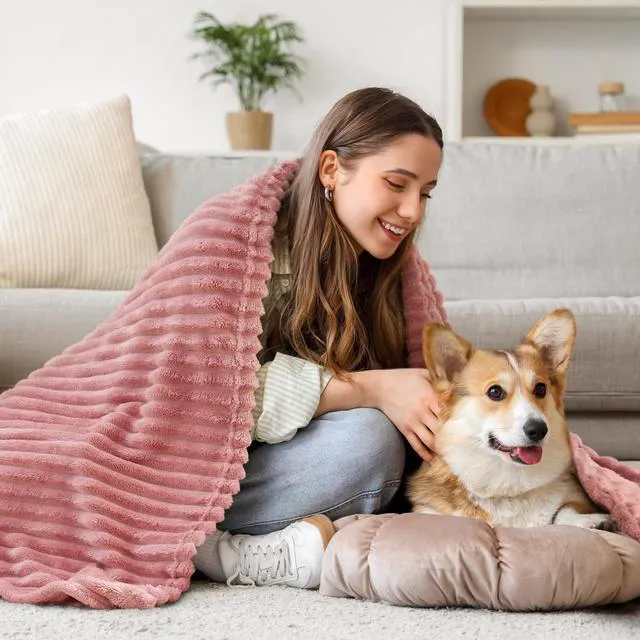 Alt view image 7 of 7 - 3D Ribbed Jacquard Pink Fleece Throw Blanket for Couch, 50x60 Inch | Soft Warm Decorative Fluffy Blanket, Cozy Plush Lightweight Fuzzy Throw Blanket for Bed Sofa Home Room Decor, Gift for Women