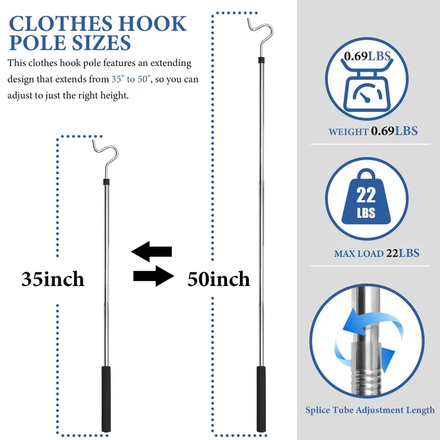 Alt view image 2 of 7 - Clothes Hook Pole, Clothes Hanger Reaching Hook for Hanging Clothes Light and Plants Extendable from 35" to 50" Made of Stainless Steel Tube with Sponge Handle (50inch)