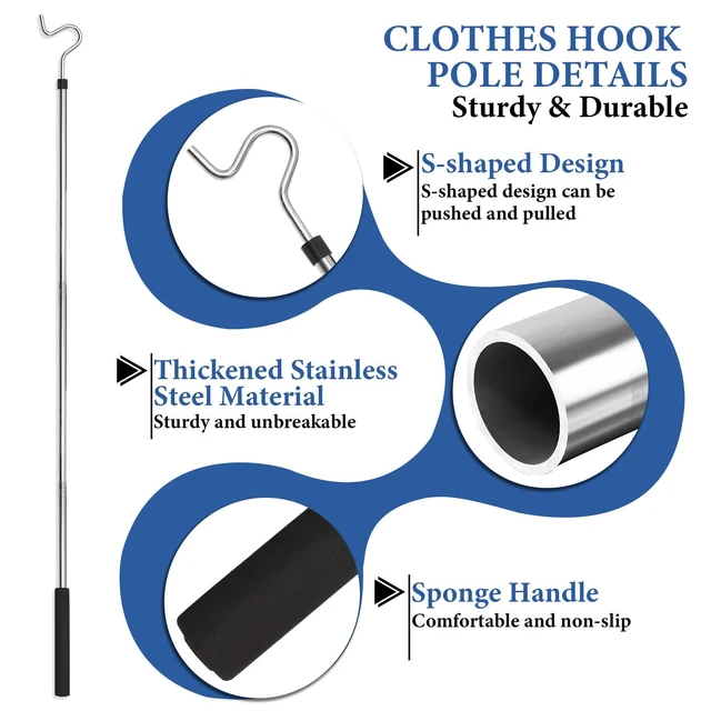 Alt view image 3 of 7 - Clothes Hook Pole, Clothes Hanger Reaching Hook for Hanging Clothes Light and Plants Extendable from 35" to 50" Made of Stainless Steel Tube with Sponge Handle (50inch)