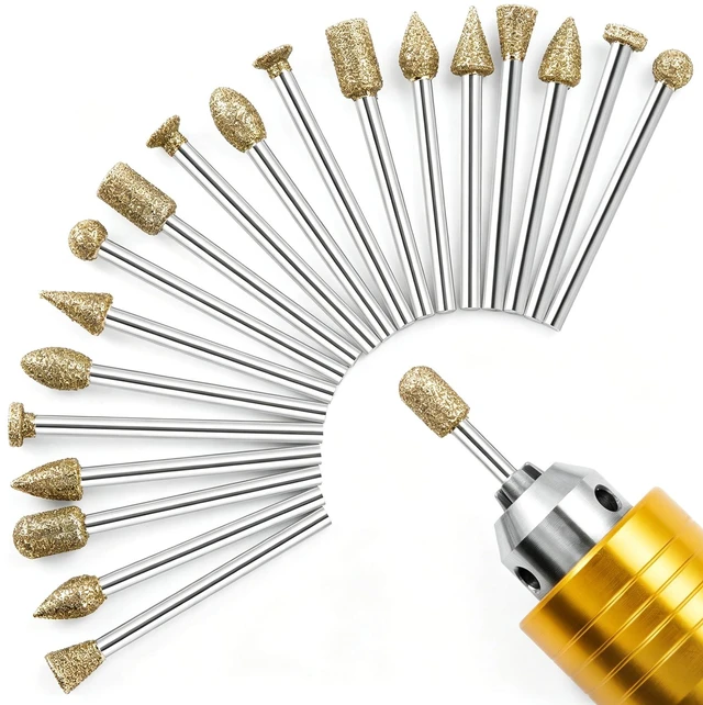 Main image of Diamond Grinding Burr Bit Set Compatible with Dremel 20Pcs | 60 Grit Diamond Coated Drill Bits with 1/8 inch Shank for Stone Glass Carving, Grinding, Polishing, Engraving, Sanding