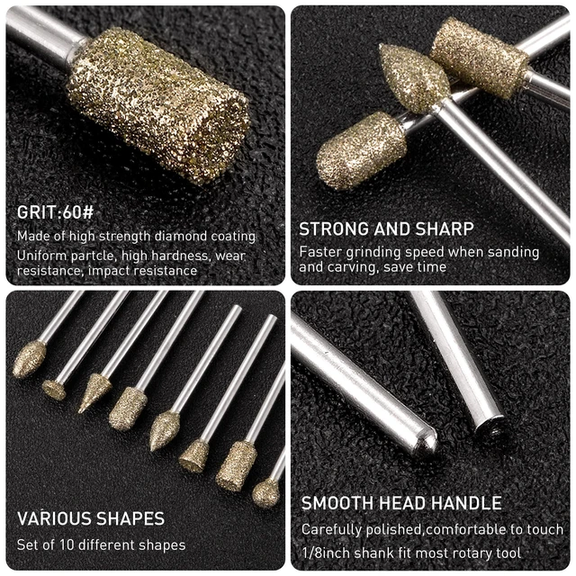 Alt view image 3 of 7 - Diamond Grinding Burr Bit Set Compatible with Dremel 20Pcs | 60 Grit Diamond Coated Drill Bits with 1/8 inch Shank for Stone Glass Carving, Grinding, Polishing, Engraving, Sanding