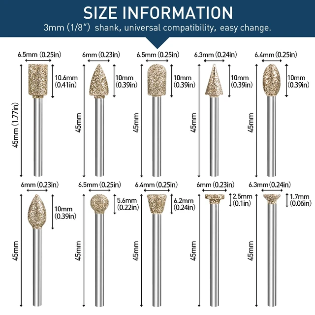 Alt view image 6 of 7 - Diamond Grinding Burr Bit Set Compatible with Dremel 20Pcs | 60 Grit Diamond Coated Drill Bits with 1/8 inch Shank for Stone Glass Carving, Grinding, Polishing, Engraving, Sanding
