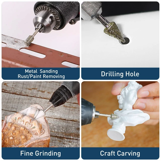 Alt view image 2 of 7 - Diamond Grinding Burr Bit Set Compatible with Dremel 20Pcs | 60 Grit Diamond Coated Drill Bits with 1/8 inch Shank for Stone Glass Carving, Grinding, Polishing, Engraving, Sanding