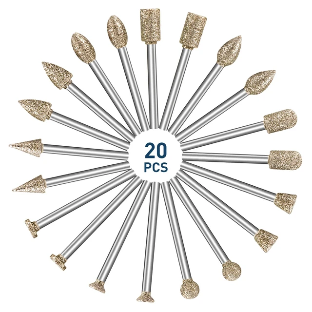 Alt view image 7 of 7 - Diamond Grinding Burr Bit Set Compatible with Dremel 20Pcs | 60 Grit Diamond Coated Drill Bits with 1/8 inch Shank for Stone Glass Carving, Grinding, Polishing, Engraving, Sanding