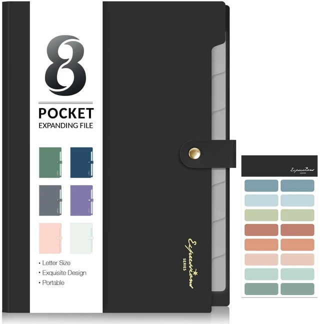 Main image of Elegant Accordion File Organizer, 8 Pocket Expanding File Folder | Portable Folders for Documents, Cute Paper Organizer with Labels, for School Office College Supplies, Letter Size, Black