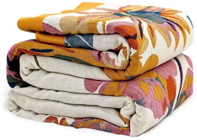 Main image of Boho Throw Blanket, 100% Cotton Lightweight Throws for Couch 50"x60" | Cozy Blankets for Bed, Reversible Breathable and Soft, Yellow Floral Butterfly Sofa Cover, Living Room Decor for Women, Fall