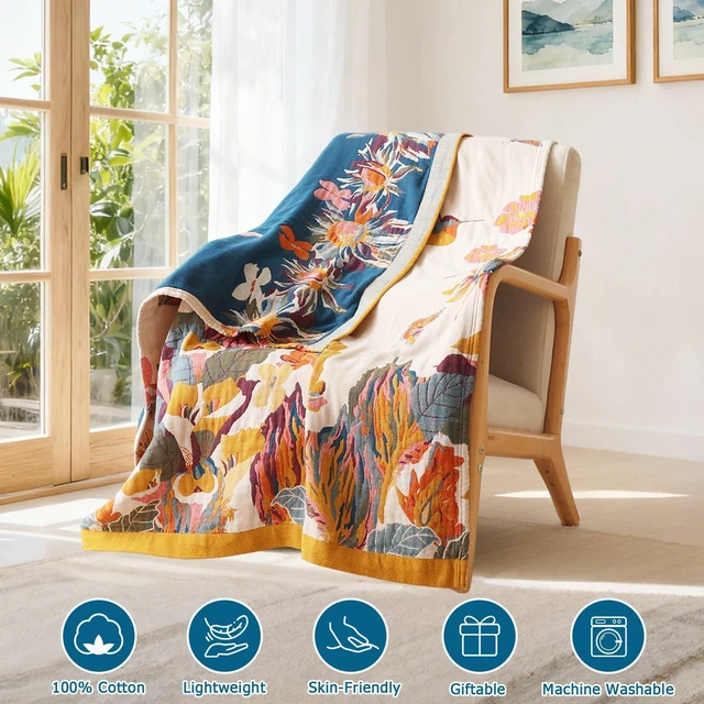 Alt view image 2 of 7 - Boho Throw Blanket, 100% Cotton Lightweight Throws for Couch 50"x60" | Cozy Blankets for Bed, Reversible Breathable and Soft, Yellow Floral Butterfly Sofa Cover, Living Room Decor for Women, Fall