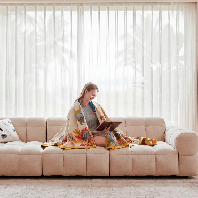 Alt view image 3 of 7 - Boho Throw Blanket, 100% Cotton Lightweight Throws for Couch 50"x60" | Cozy Blankets for Bed, Reversible Breathable and Soft, Yellow Floral Butterfly Sofa Cover, Living Room Decor for Women, Fall
