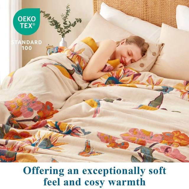 Alt view image 4 of 7 - Boho Throw Blanket, 100% Cotton Lightweight Throws for Couch 50"x60" | Cozy Blankets for Bed, Reversible Breathable and Soft, Yellow Floral Butterfly Sofa Cover, Living Room Decor for Women, Fall