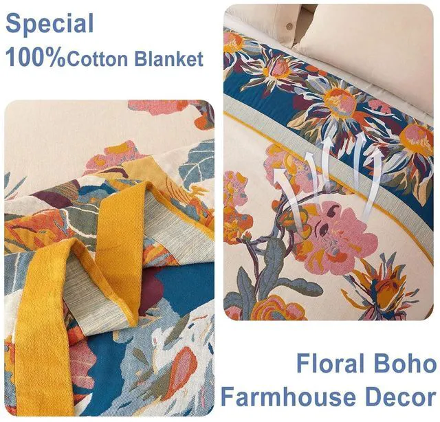 Alt view image 5 of 7 - Boho Throw Blanket, 100% Cotton Lightweight Throws for Couch 50"x60" | Cozy Blankets for Bed, Reversible Breathable and Soft, Yellow Floral Butterfly Sofa Cover, Living Room Decor for Women, Fall