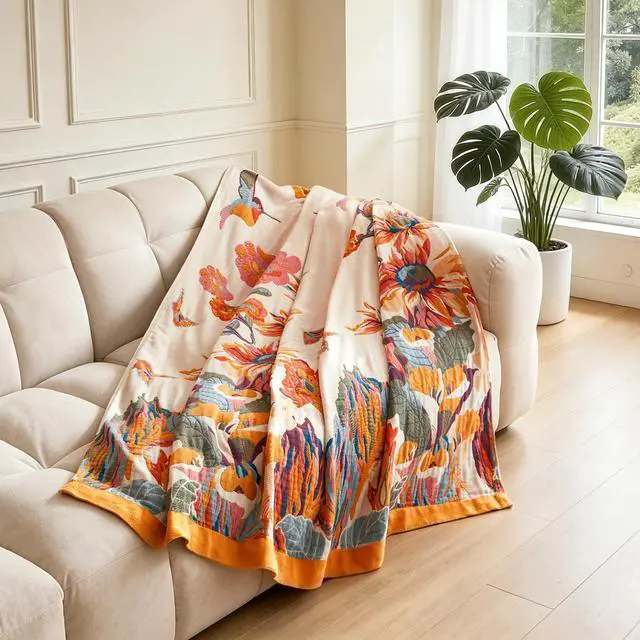 Alt view image 6 of 7 - Boho Throw Blanket, 100% Cotton Lightweight Throws for Couch 50"x60" | Cozy Blankets for Bed, Reversible Breathable and Soft, Yellow Floral Butterfly Sofa Cover, Living Room Decor for Women, Fall