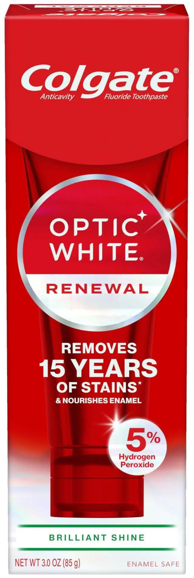 Main image of Optic White Renewal Teeth Whitening Toothpaste, Whitening Fluoride Toothpaste, Effectively Removes Tea, Coffee, and Wine Stains, Made with Hydrogen Peroxide, Brilliant Shine, 3.0 oz
