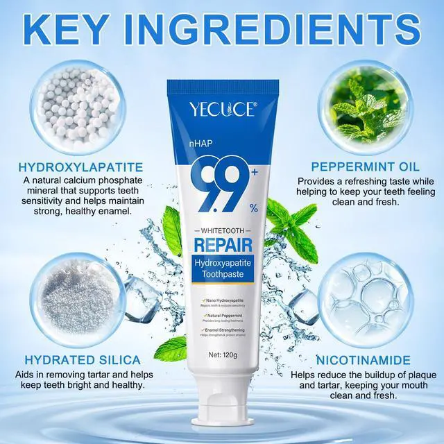 Alt view image 5 of 7 - 9.9% Hydroxyapatite Toothpaste for Enamel Repair and Tooth Strengthening, Nano Hydroxyapatite Remineralizing Toothpaste, Fluoride Free Gentle Whitening Tooth Paste for Sensitive Teeth, Fresh Mint