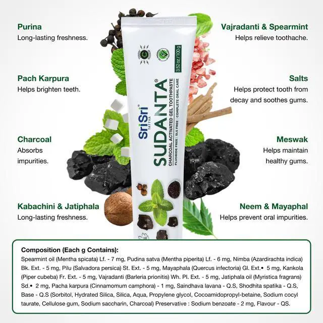 Alt view image 5 of 7 - Sri Sri Tattva Charcoal Toothpaste Gel - SLS, Fluoride Free Herbal Toothpaste with Neem & Ayurvedic Herbs - Natural Teeth Whitening, Fresh Breath, Oral & Gum Health 100g Tube (Pack of 1)