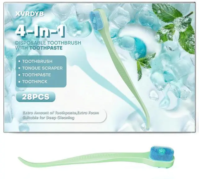 Main image of Travel Size Disposable Toothbrush, Pre-pasted with Toothpaste (Mint Flavor) | Soft Bristle Mini Toothbrushes for Adults, Built-in Tongue Scraper and Toothpick | Travel & Camping Essentials | 28 Count