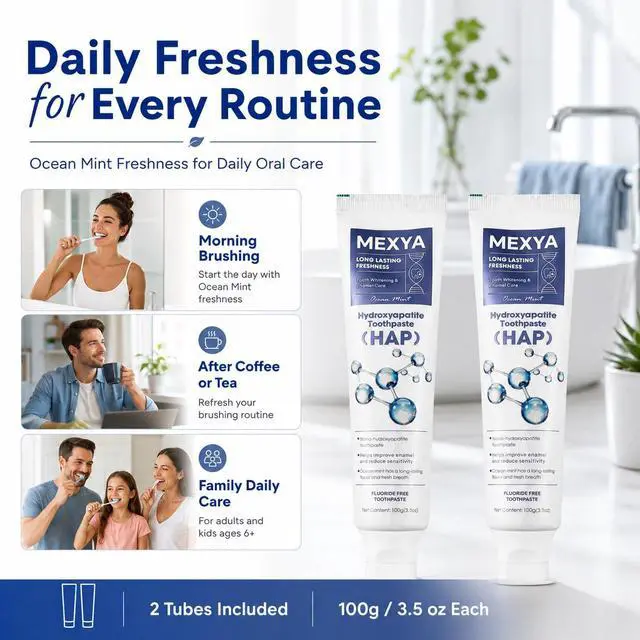 Alt view image 7 of 7 - Nano Hydroxyapatite Toothpaste, 2 Pack, Fluoride Free | Two 100g / 3.5 oz tubes with Ocean Mint flavor for sensitive teeth, gentle whitening, and daily enamel care