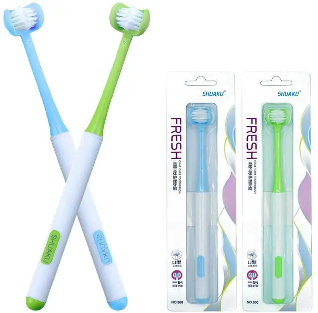 Main image of 3 Sided Autism Toothbrush 360° Oral Teeth Cleaning Design U-Shaped Toothbrush 2 PCS Adult Soft Bristles Soft and Gentle for Complete Tooth and Gum Care (Blue + Green)