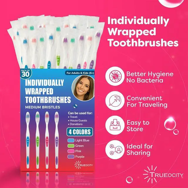 Alt view image 2 of 7 - 30 Pack Individually Wrapped Toothbrushes - Medium Bristle, Multi-Colored and Perfect for Adults and Kids, Travel Pack, Disposable Toothbrushes for Bulk Use, Oral Care Supplies