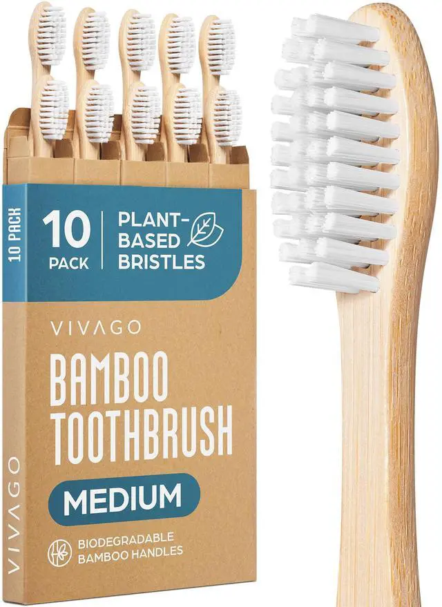 Main image of Bamboo Toothbrushes 10 Pack Plant-Based Medium Bristles | Natural Toothbrush, Medium Toothbrushes for Adults, Eco-Friendly, Wooden Toothbrush, BPA-Free