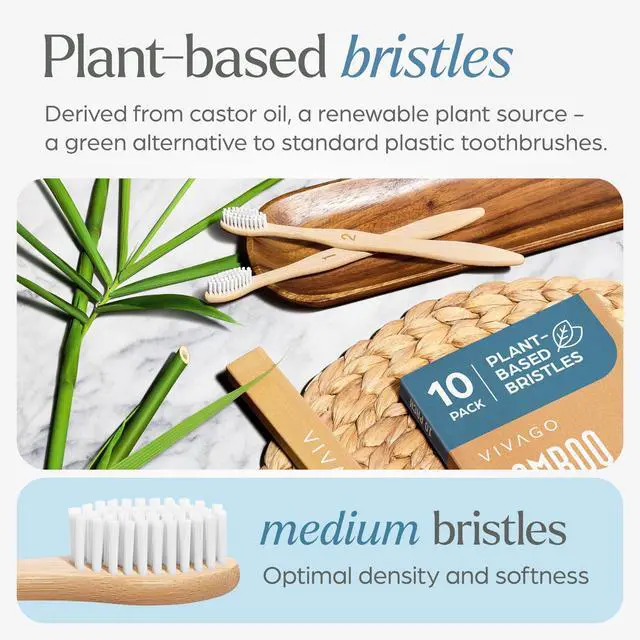 Alt view image 2 of 7 - Bamboo Toothbrushes 10 Pack Plant-Based Medium Bristles | Natural Toothbrush, Medium Toothbrushes for Adults, Eco-Friendly, Wooden Toothbrush, BPA-Free
