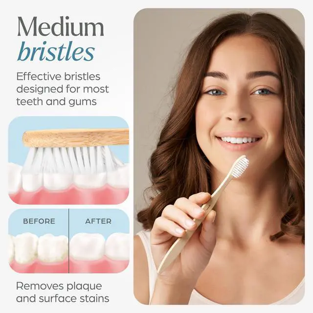 Alt view image 4 of 7 - Bamboo Toothbrushes 10 Pack Plant-Based Medium Bristles | Natural Toothbrush, Medium Toothbrushes for Adults, Eco-Friendly, Wooden Toothbrush, BPA-Free