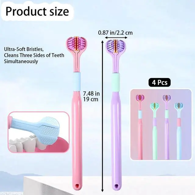Alt view image 2 of 7 - 4 Pcs 3 Sided Toothbrush, 0.1mm Soft Bristle, (Blue, Green, Pink, Purple) | Simultaneous 3-Sided Teeth Cleaning, Comprehensive Care of Teeth and Gums, Oral Care for Adults and Youth