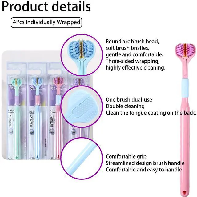 Alt view image 3 of 7 - 4 Pcs 3 Sided Toothbrush, 0.1mm Soft Bristle, (Blue, Green, Pink, Purple) | Simultaneous 3-Sided Teeth Cleaning, Comprehensive Care of Teeth and Gums, Oral Care for Adults and Youth