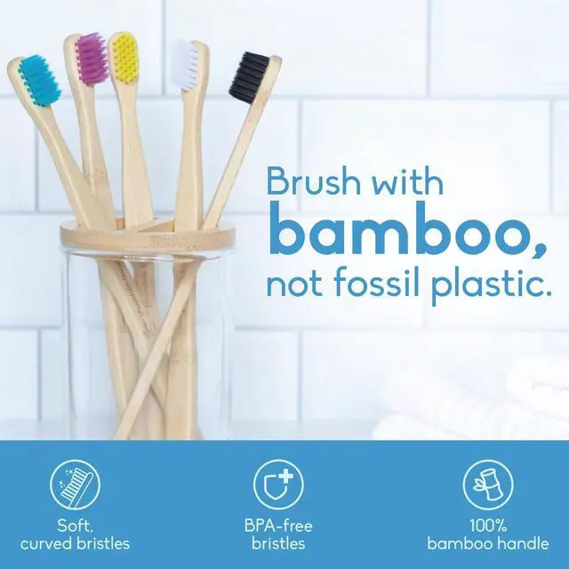 Alt view image 2 of 6 - Bamboo Toothbrushes, BPA Free, Ultra Soft Bristles (5 Pack) | Natural Sustainable Bamboo, Sensitive Gums, Non-Toxic, Dental Oral Care & Hygiene, Plastic-Free Handle, Men & Women