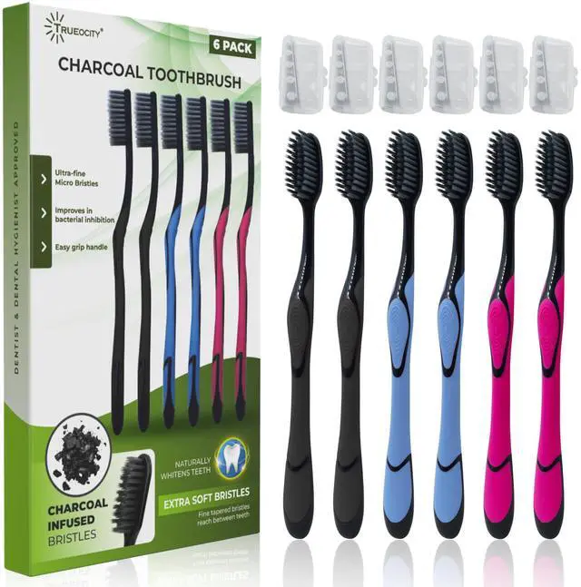 Main image of Charcoal Toothbrush 6 Pack, Natural Teeth Whitening Solution - Ultra Soft Tooth Brush - Gentle, Slim Brush Head - Black Toothbrushes for Adults Working Great with Activated Charcoal Toothpaste