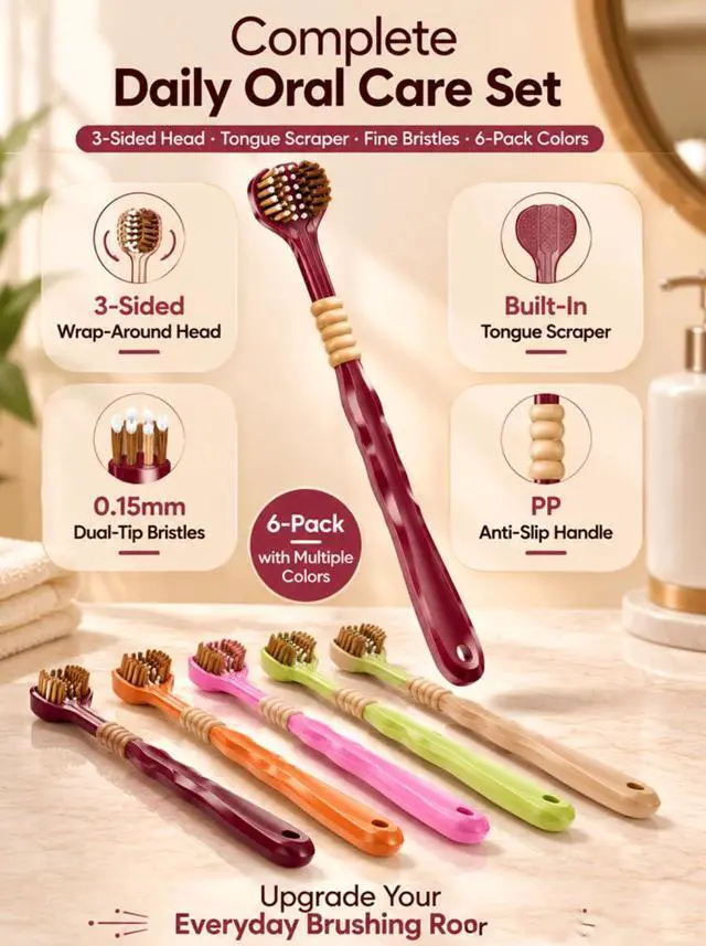 Alt view image 5 of 7 - Adult Three Sided Toothbrush, 6 Count/Pack | Extra Soft, Spiral Bristle