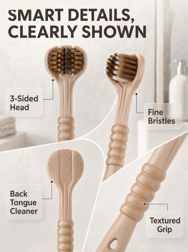 Alt view image 4 of 7 - Adult Three Sided Toothbrush, 6 Count/Pack | Extra Soft, Spiral Bristle