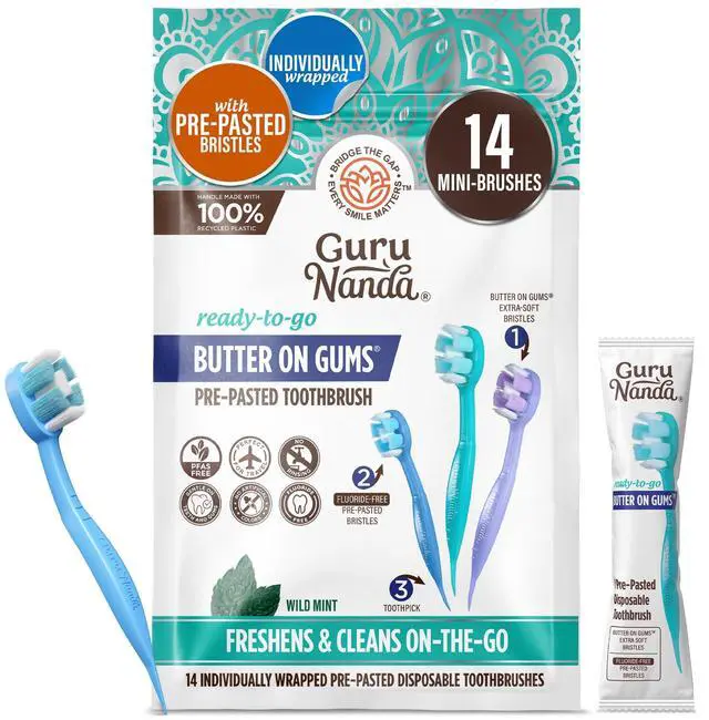 Main image of Disposable Travel Toothbrush 1.0, Fluoride Free Toothpaste, 14 ct | 2-In 1 Ready-To-Go Soft Bristle Toothbrushes with Toothpick|Individually Wrapped Travel Essentials|Made with Recycled Plastic