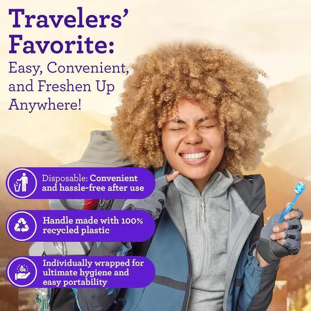 Alt view image 6 of 7 - Disposable Travel Toothbrush 1.0, Fluoride Free Toothpaste, 14 ct | 2-In 1 Ready-To-Go Soft Bristle Toothbrushes with Toothpick|Individually Wrapped Travel Essentials|Made with Recycled Plastic