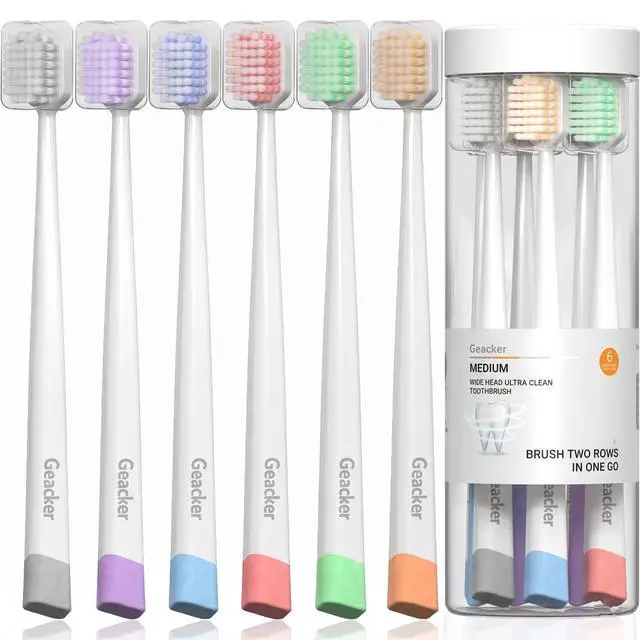 Main image of Ultra Clean Wide Head Soft Toothbrushes for Adults, 6-Pack & Covers | Spiral Tapered Bristles, Soft Feel with Medium Cleaning Power, Multicolor Design, Daily & Travel Use, Easy-to-Store Packaging