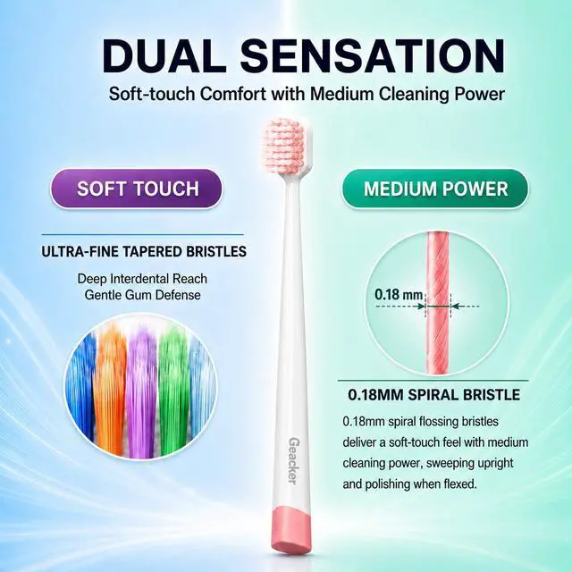 Alt view image 4 of 7 - Ultra Clean Wide Head Soft Toothbrushes for Adults, 6-Pack & Covers | Spiral Tapered Bristles, Soft Feel with Medium Cleaning Power, Multicolor Design, Daily & Travel Use, Easy-to-Store Packaging