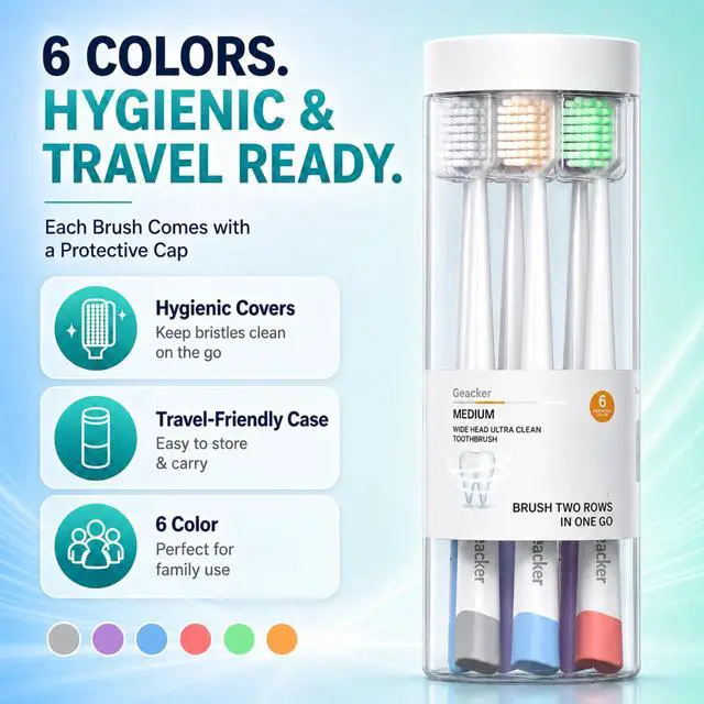 Alt view image 5 of 7 - Ultra Clean Wide Head Soft Toothbrushes for Adults, 6-Pack & Covers | Spiral Tapered Bristles, Soft Feel with Medium Cleaning Power, Multicolor Design, Daily & Travel Use, Easy-to-Store Packaging