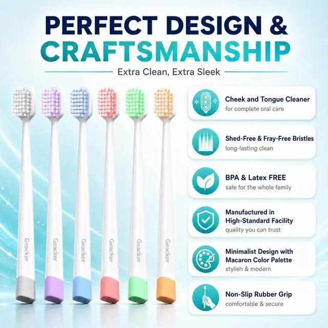 Alt view image 6 of 7 - Ultra Clean Wide Head Soft Toothbrushes for Adults, 6-Pack & Covers | Spiral Tapered Bristles, Soft Feel with Medium Cleaning Power, Multicolor Design, Daily & Travel Use, Easy-to-Store Packaging