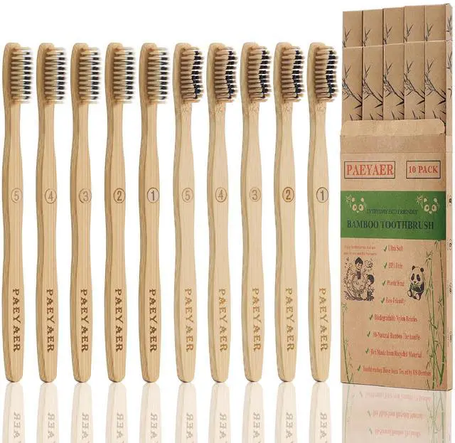 Main image of 10 Pack Bamboo Toothbrushes,5 Soft 5 Medium Bristles for Adults Eco-Friendly Wooden Handle BPA-Free