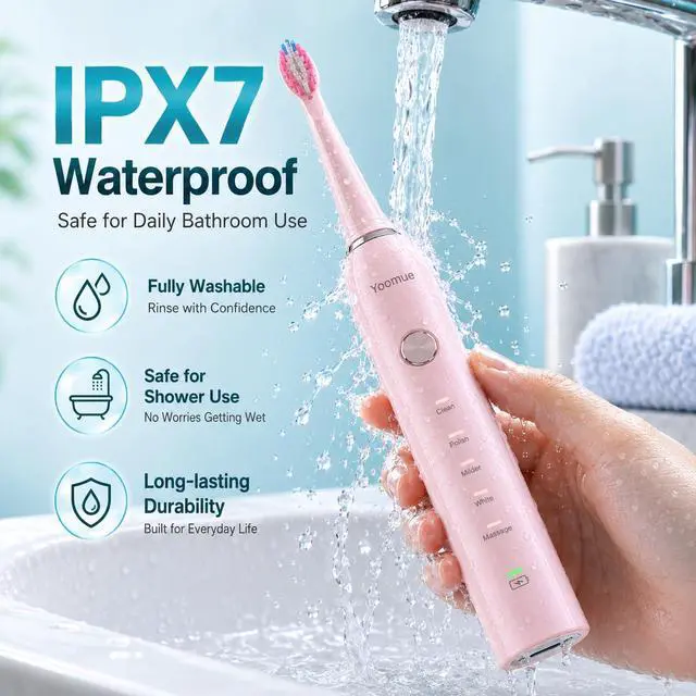 Alt view image 6 of 7 - Sonic Electric Toothbrush for Adults & Kids - 5 High-Performance Modes, 8 Replacement Heads, 2.5-Hour Fast Charge, Built-in Smart 2-Minute Timer, IPX7 Waterproof, 35 Day Battery Life - Pink