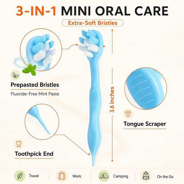 Alt view image 3 of 7 - Mini Disposable Travel Toothbrushes with Toothpaste, 24 Count | Prepasted, individually wrapped, waterless, no rinsing, fluoride-free, extra-soft bristles, tongue scraper, toothpick end