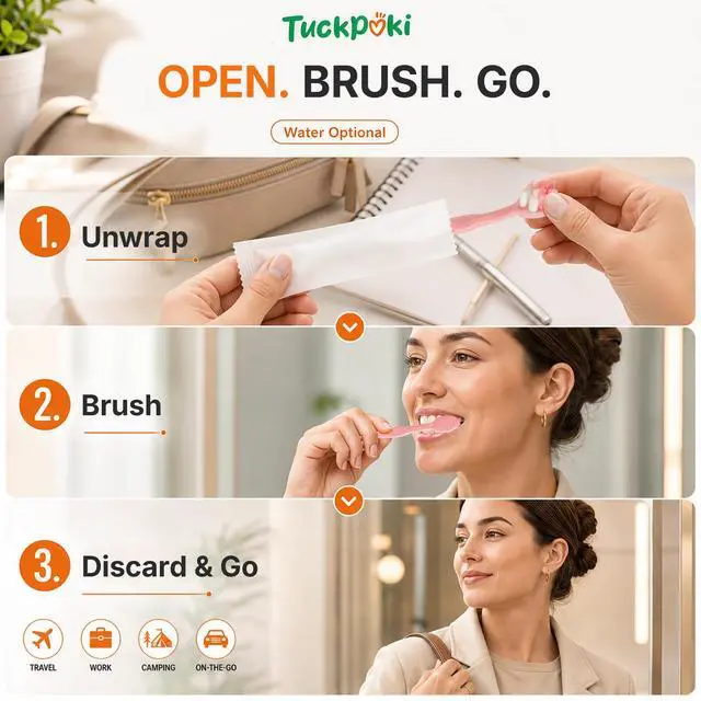 Alt view image 4 of 7 - Mini Disposable Travel Toothbrushes with Toothpaste, 24 Count | Prepasted, individually wrapped, waterless, no rinsing, fluoride-free, extra-soft bristles, tongue scraper, toothpick end