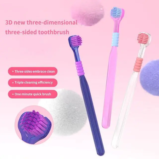Alt view image 2 of 7 - 3 Sided Toothbrush with Soft bristles for Adults, fine bristles for Couples, Pregnant Women, Family Pack, Gum Protection, Tongue Cleaning, Three-Head Toothbrush Three-Piece Set