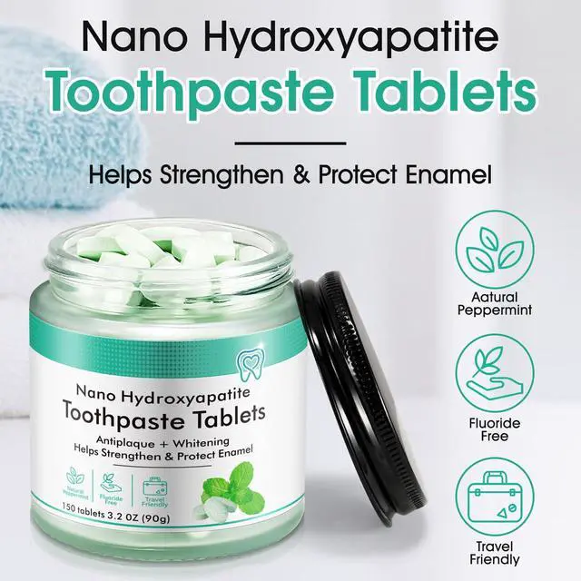 Alt view image 2 of 7 - Toothpaste Tablets,150 Nano Hydroxyapatite Toothpaste Tablets, Chewable Xylitol Toothpaste Tablets, Fluoride-Free - Natural Whitening Remineralizing Travel-Friendly Eco Tabs, Peppermint