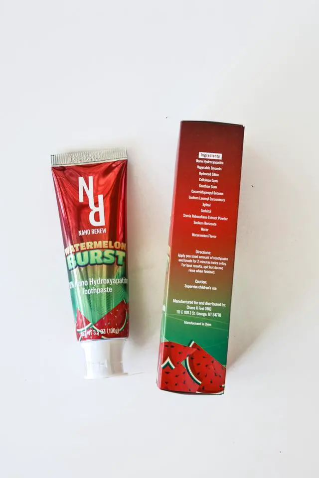 Alt view image 3 of 4 - 10% Nano Hydroxyapatite Toothpaste Watermelon Burst (Fluoride Free), Natural, Remineralizing, Whitening, Sensitive Teeth, SLS Free, Xylitol Nano-Hydroxyapatite Toothpaste for All Ages, 3.5 oz