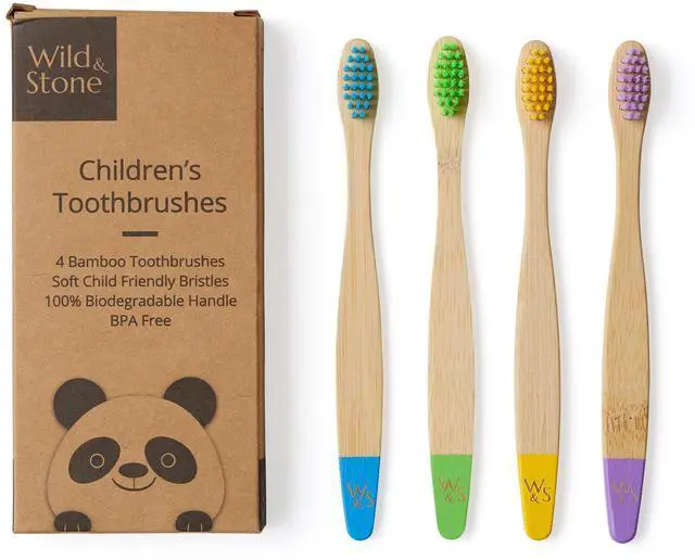 Main image of Organic Children's Bamboo Toothbrush | Four Colors | Soft Fibre Bristles | 100% Biodegradable Handle | BPA Free | Vegan Eco Friendly Kids Toothbrushes