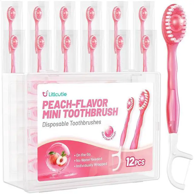 Main image of 12 Pack 5 in 1 Disposable Mini Toothbrush Travel Set Peach Flavor | Individually Wrapped, Built-in Toothpaste, Floss, Tooth Pick, Tongue Scraper, Portable for Kids Adults
