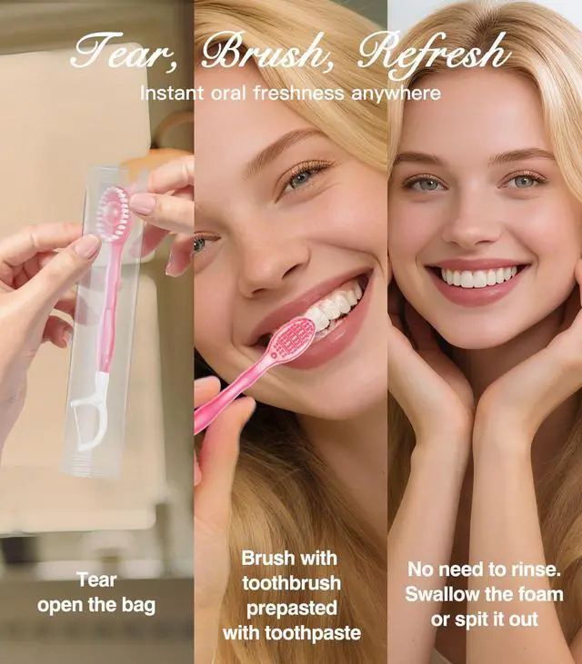 Alt view image 2 of 7 - 12 Pack 5 in 1 Disposable Mini Toothbrush Travel Set Peach Flavor | Individually Wrapped, Built-in Toothpaste, Floss, Tooth Pick, Tongue Scraper, Portable for Kids Adults